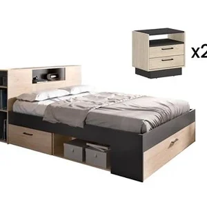 Lit 2 Places Avec Tête De Lit Rangements Et Tiroirs - 140 X 190 Cm - Coloris : Naturel Et Anthracite + Chevets - Leandre